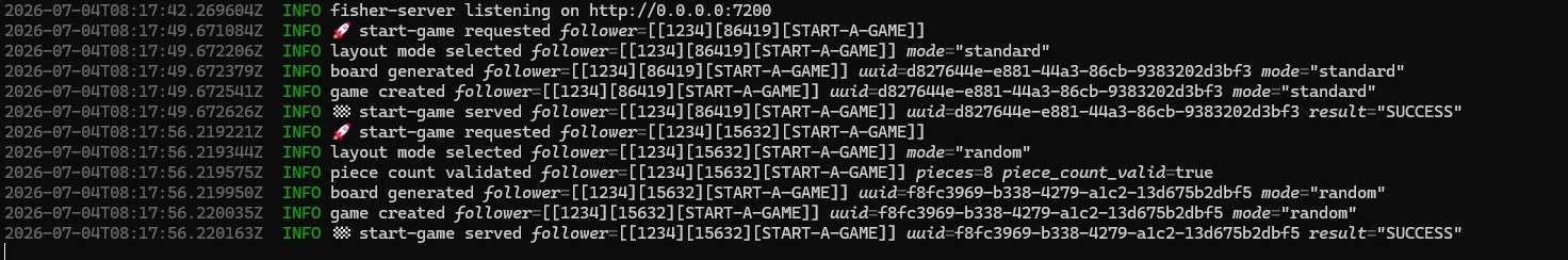 fisher-server proof logs for two start-a-game calls, each tagged with a follower of the form [[1234][tracking-number][START-A-GAME]]