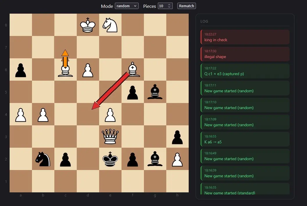 The chess board beside a scrolling log panel; red entries record two illegal moves (illegal shape, king in check) and green entries record informational events, with arrows on the board marking the C6→C7 and F6→D4 moves